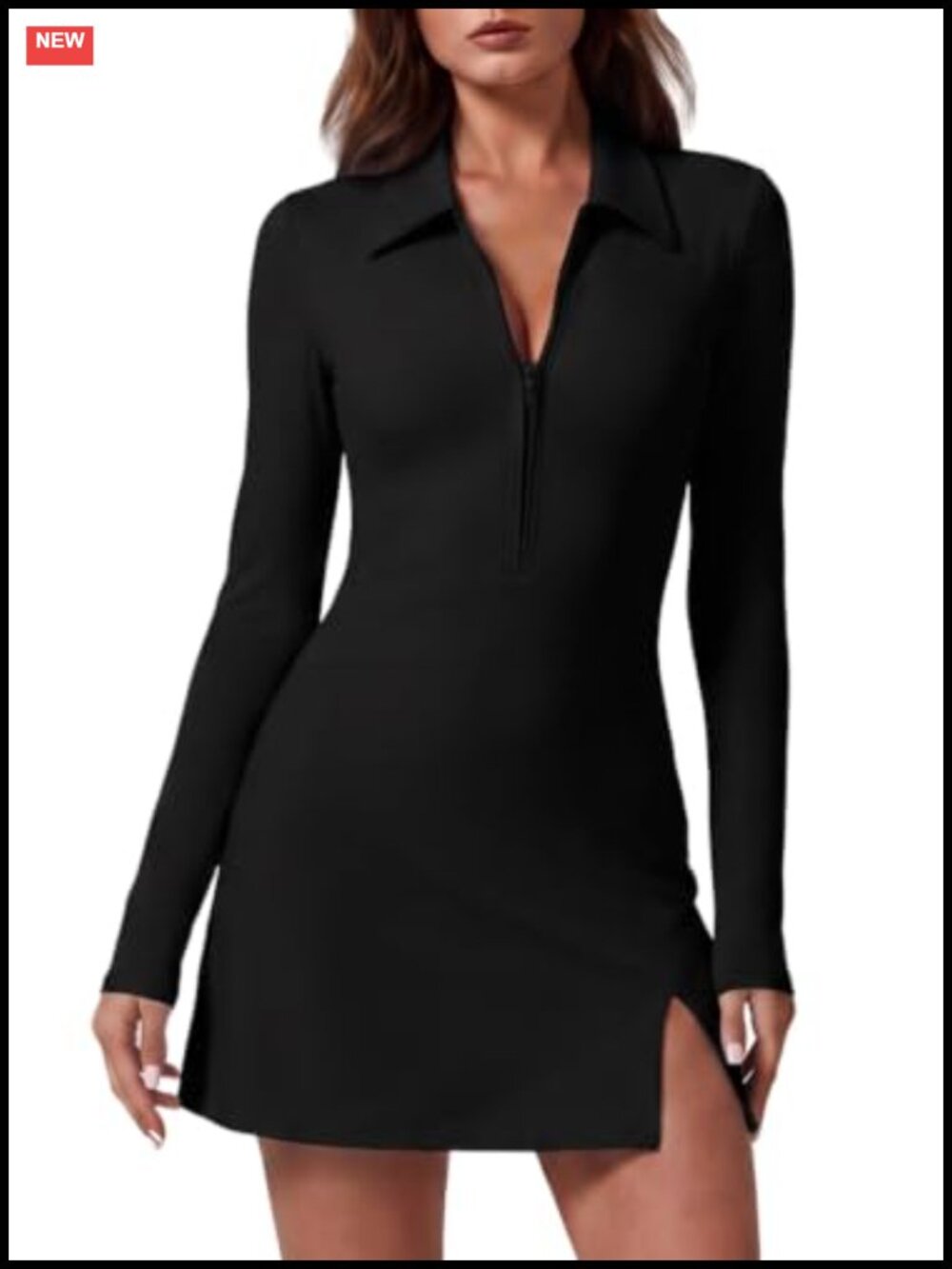 QINSEN Womens Zip Front Tennis Dress with Shorts Long Sleeve Polo Collar